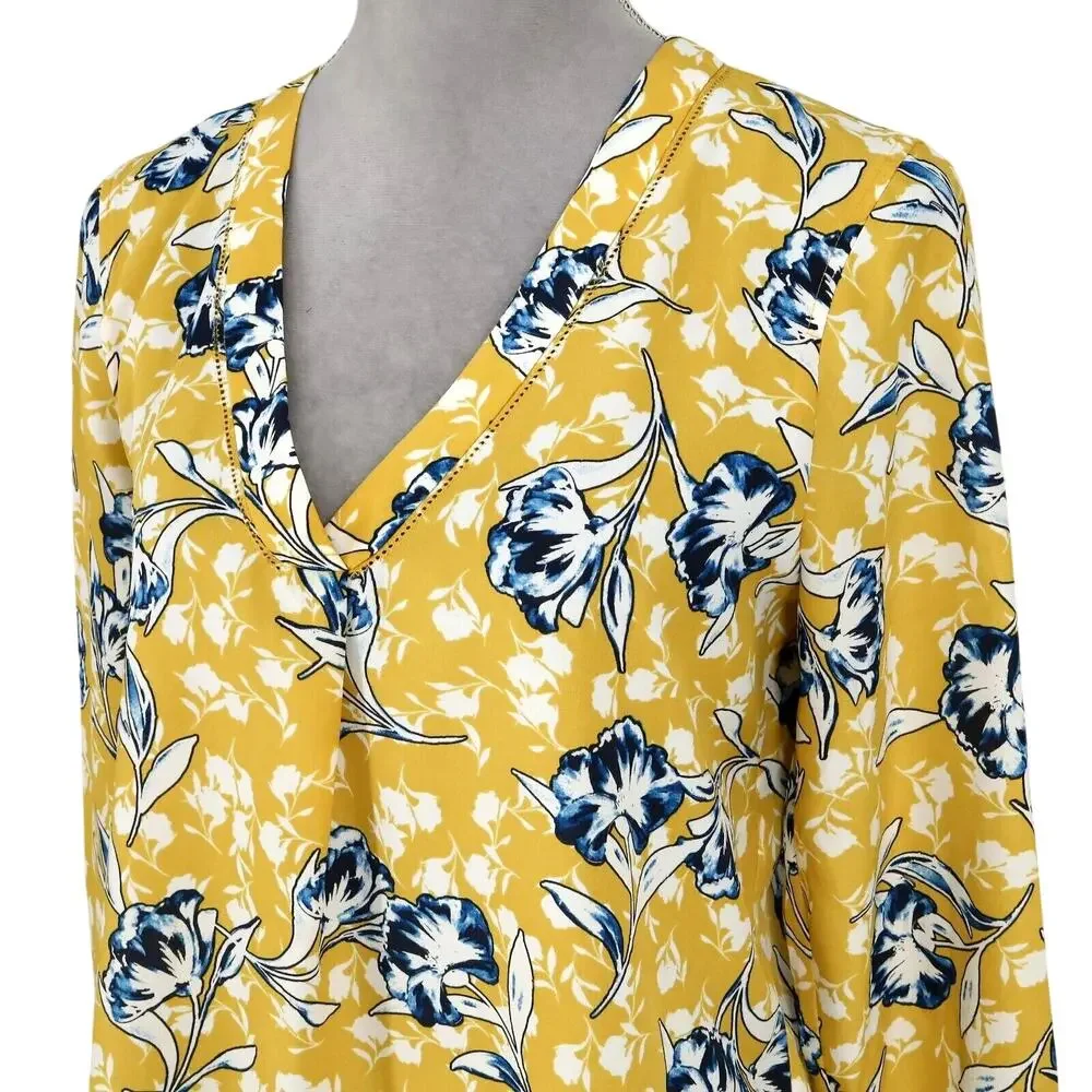 J Crew Top Womens Small Gold Blue White Floral Tunic Blouse Pullover V-neck
